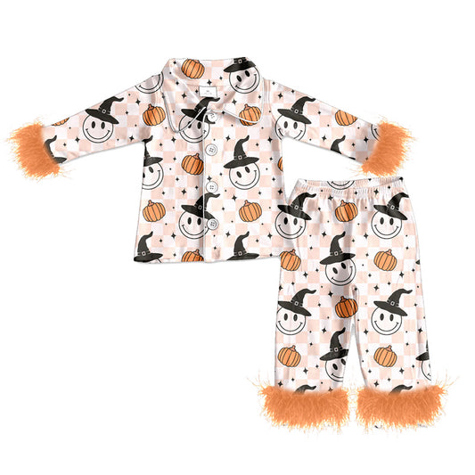 preorder(MOQ 5)Baby Girls Halloween Smile Pumpkins Fur Top Pants Pajamas