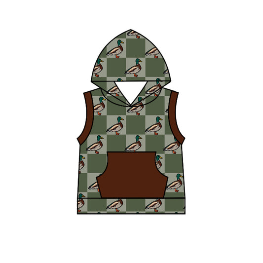Preorder (moq 5)Baby Boys Green Checkered Ducks Hooded Pocket Tops