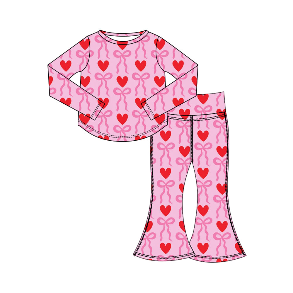 Preorder (moq 5) Baby Girl Clothes Valentines Heart Bow Print Long Sleeve Flare Pant Set