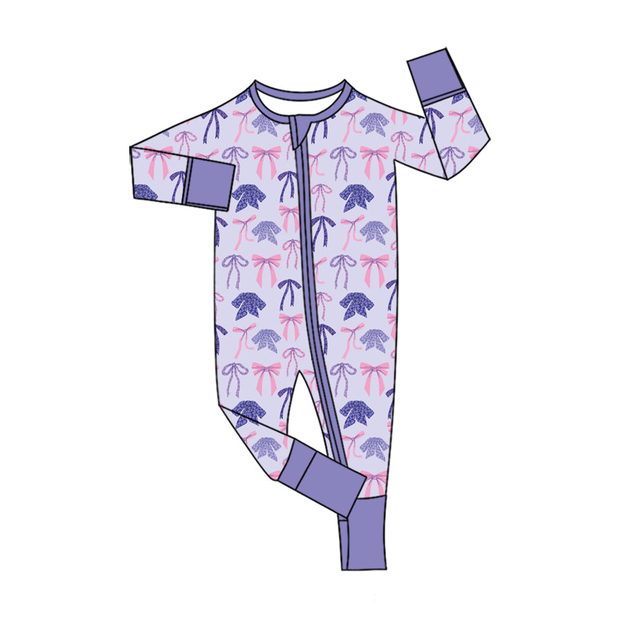 Preorder (moq 5) Baby Girl Clothes Purple Pink Mixed Bow Print Long Sleeve Zipper Romper
