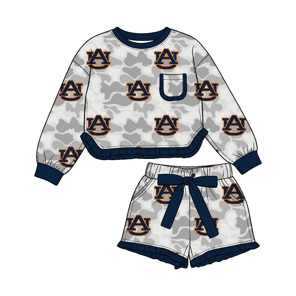 Preorder (moq 5) Baby Girl Clothes Camo Letter AU Mixed Print Long Sleeve Ruffle Top Short Ruffle Pant Set