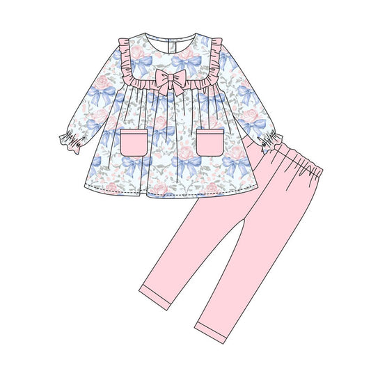 Preorder(moq 8)Baby Girls Flowers Bows Pockets Tunic Legging Pants Clothes Sets