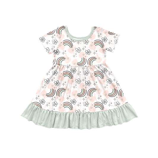 Preorder (moq 5)Baby Girls Rabbits Rainbows Flowers Easter Ruffle Knee Length Dresses