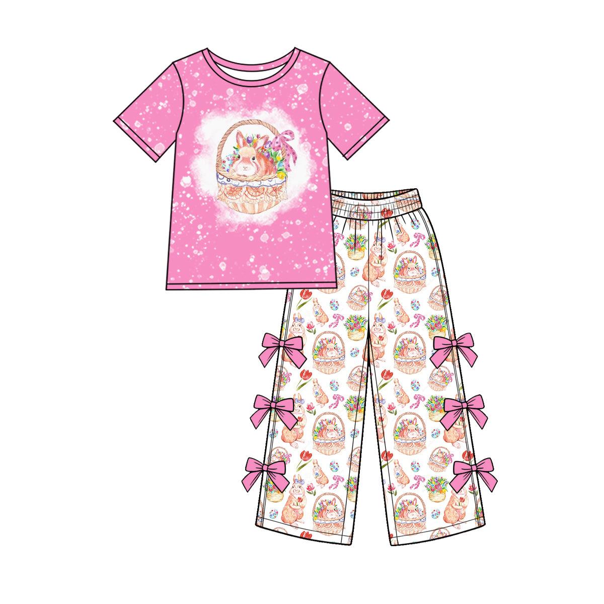 Preorder (moq 5) Baby Girl Clothes Easter Bunny Tulip Basket Mixed Print Short Sleeve Side Bow Flare Pant Set
