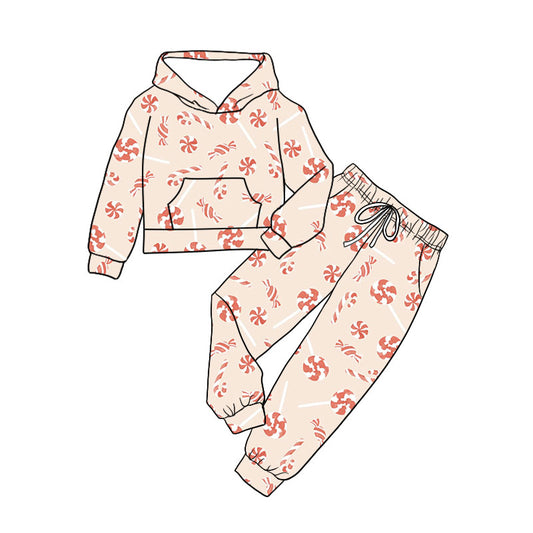 Preorder (moq 5)Baby Girls Candy Cane Pocket Hoodie Jogger Christmas Clothes Set