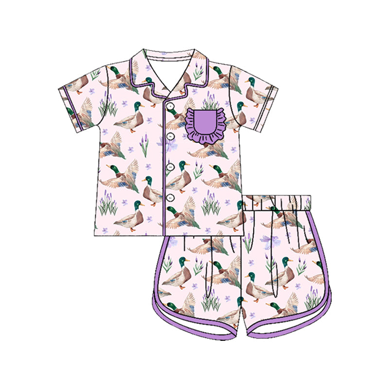 Preorder (moq 5)Baby Girls Purple Bow Ducks Button Pocket Top Short Hunting Pajamas Sets
