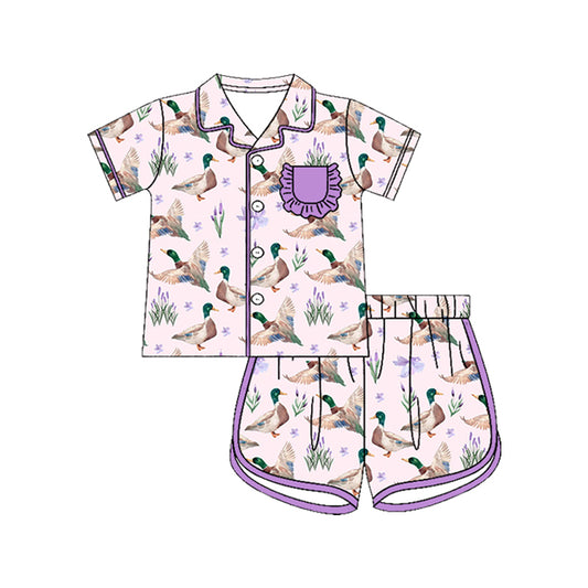 Preorder (moq 5)Baby Girls Purple Bow Ducks Button Pocket Top Short Hunting Pajamas Sets