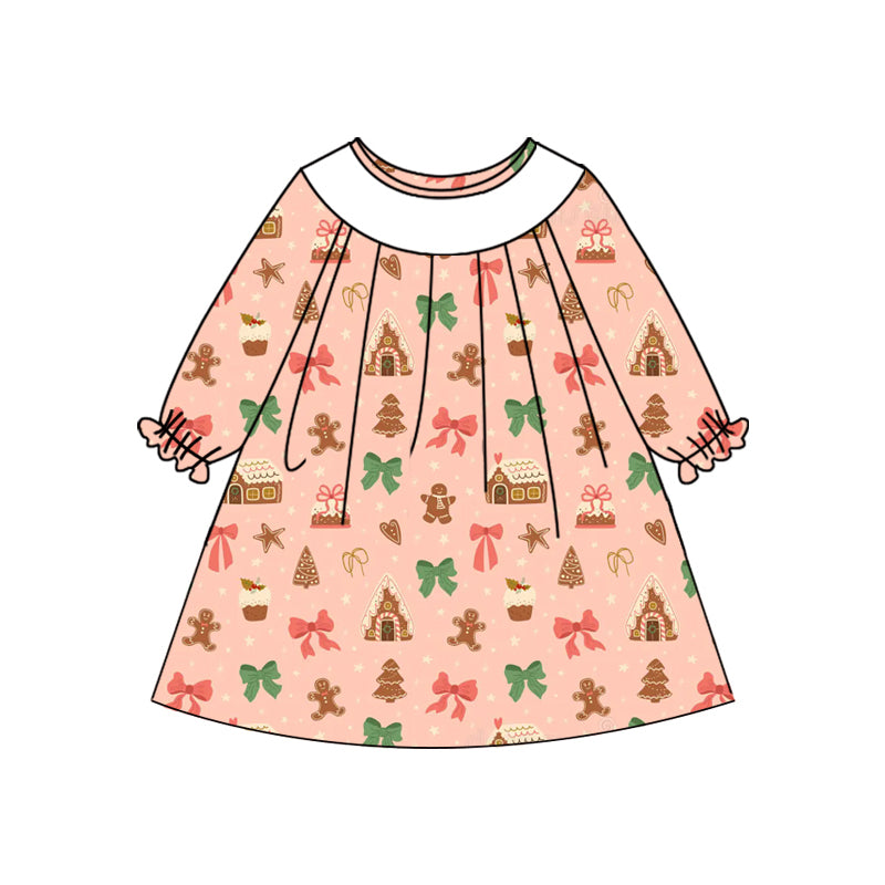 Preorder (moq 5)Baby Girls Peach Long Ruffle Sleeves Bows Gingerbread Knee Length Dresses