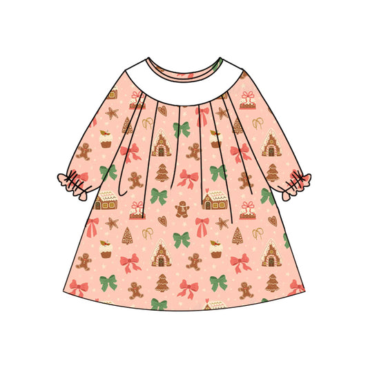 Preorder (moq 5)Baby Girls Peach Long Ruffle Sleeves Bows Gingerbread Knee Length Dresses