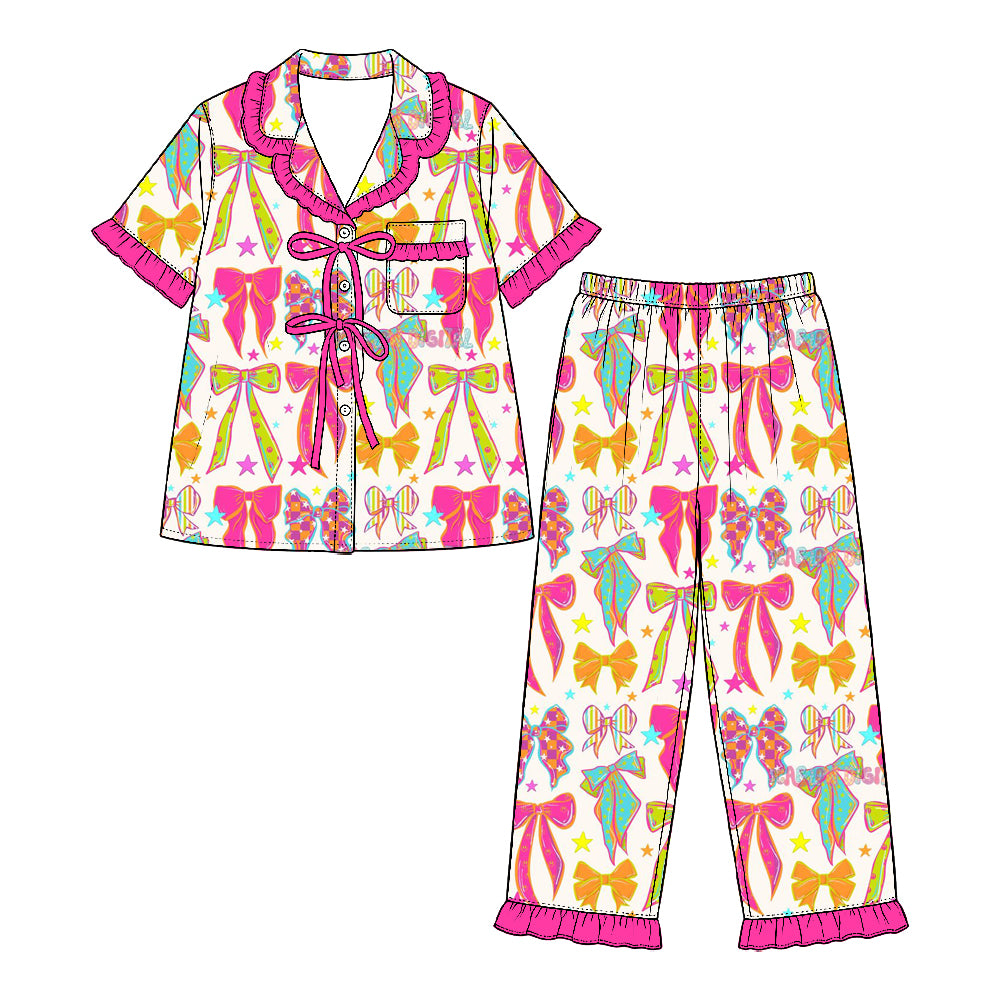 Preorder (moq 5) Baby Girl Clothes Neon Glitter Bow Star Mixed Print Short Sleeve Ruffle Pajama Set