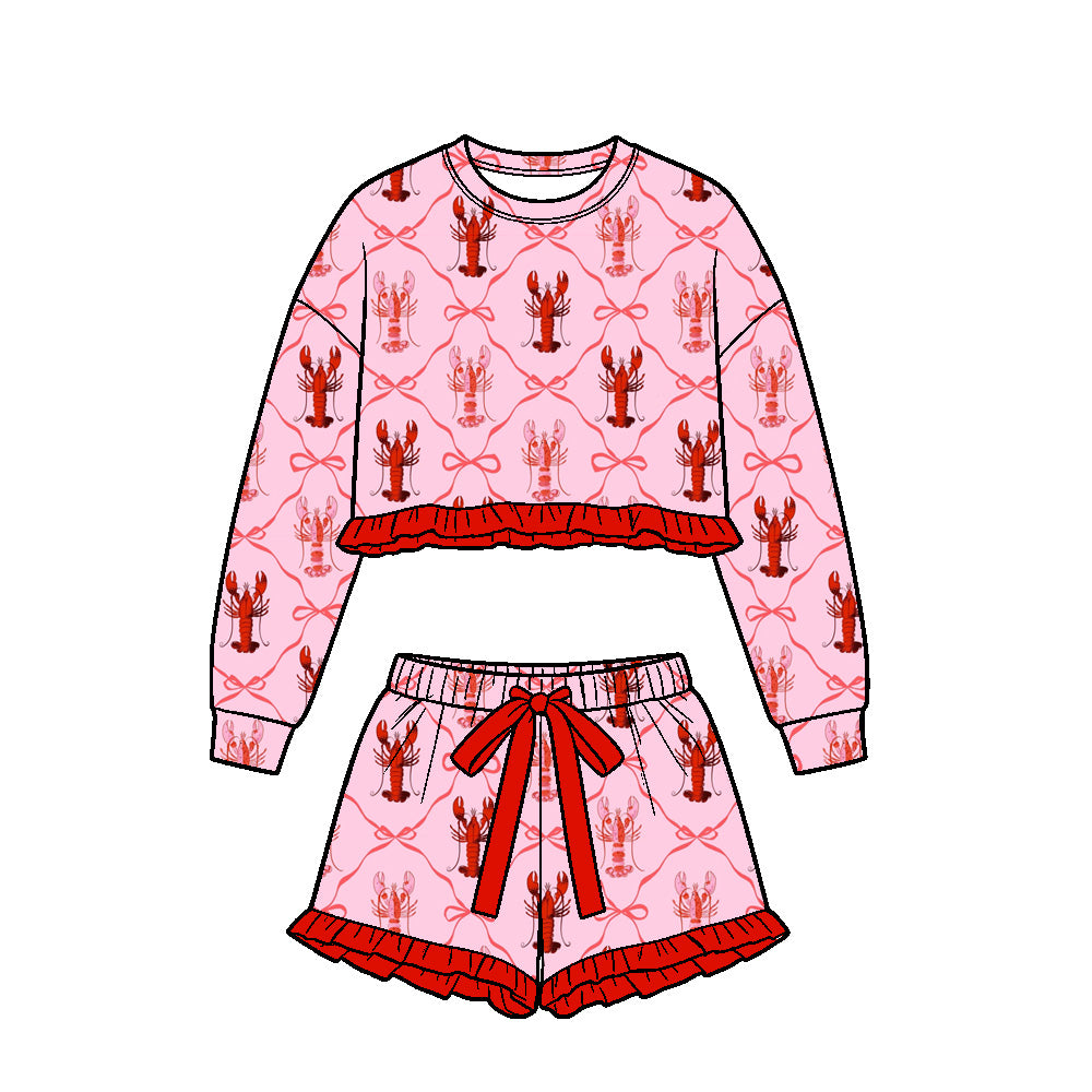Preorder (moq 5) Girls Crawfish Pink Bow Print Long Sleeve Crop Top Ruffle Shorts Boutique Outfits Clothes Sets