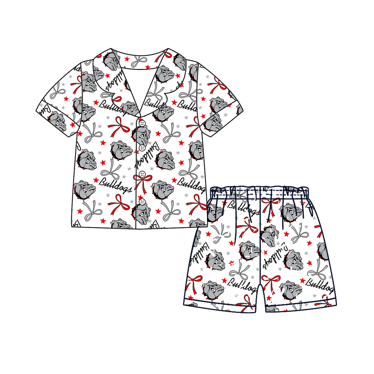 Preorder moq 5 Adult Women Short Sleeves Gray Dogs Bows Stars Button Top Short Team Pajamas Set