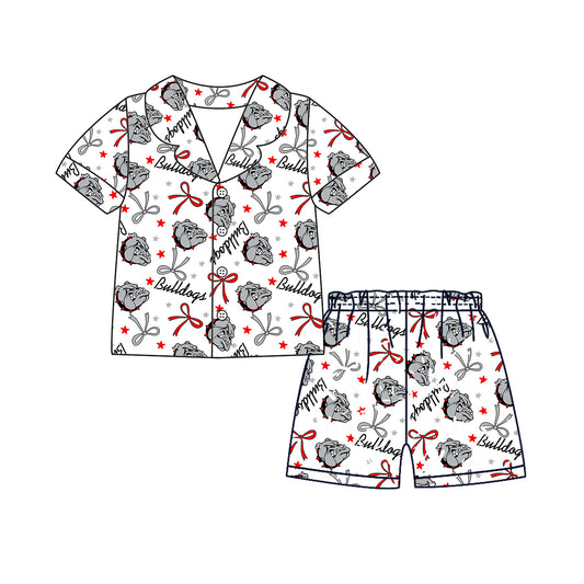 Preorder moq 5 Adult Women Short Sleeves Gray Dogs Bows Stars Button Top Short Team Pajamas Set