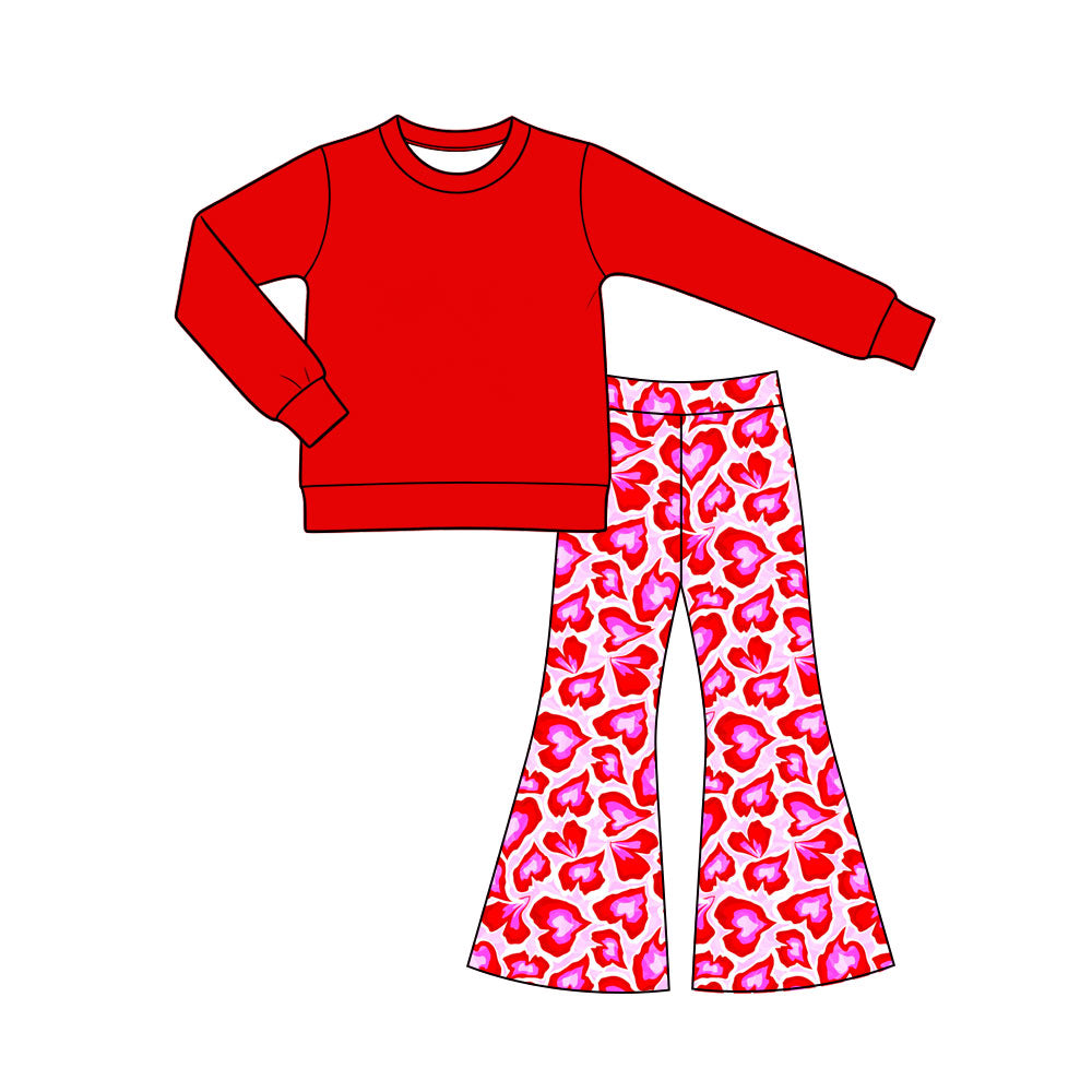 Preorder (moq 5) Baby Girl Clothes Valentine Solid Red Top Abstract Heart Mixed Print Long Sleeve Flare Pant Set