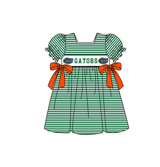 Preorder (moq 5)Baby Girls Green Short Ruffle Sleeve Gators Stripe Team Knee Length Dress