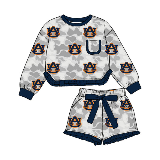 Preorder (moq 5) Baby Girl Clothes Auburn Tigers Camouflage Print Long Sleeve Ruffle Top Shorts Outfit Set