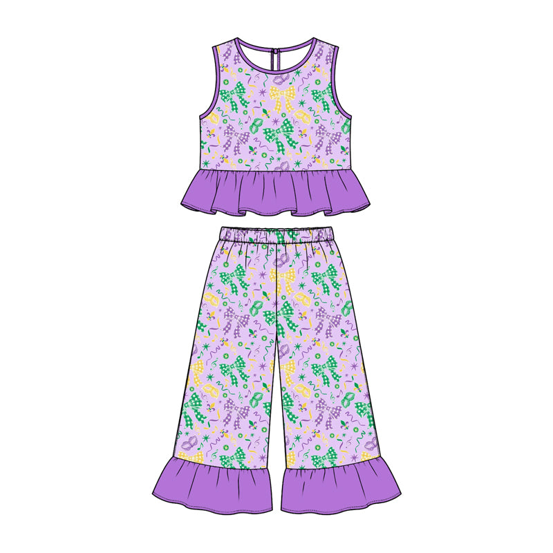 Preorder (moq 5) Baby Girl Clothes Mardi Gras Bow Confetti Mixed Print Sleeveless Ruffle Top Flare Pant Set