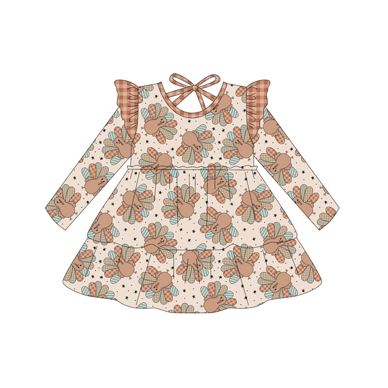 Preorder (moq 5)Baby Girls Long Sleeves Turkey Stars Plaid Knee Length Dresses