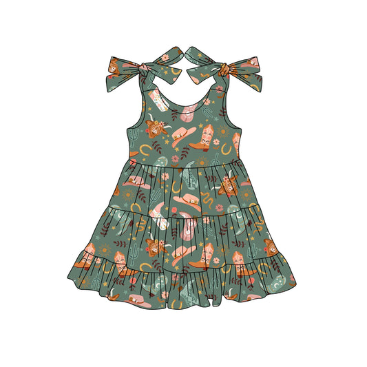 Preorder (moq 5)Baby Girls Green Bows Strap Boots Highland Cows Knee Length Dress