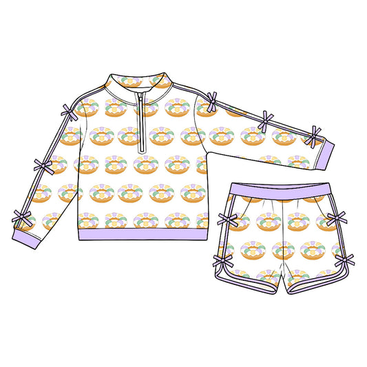 Preorder (moq5) Baby Girls Bows Donuts Plaid Zip Pullover Pockets Short Mardigras Set