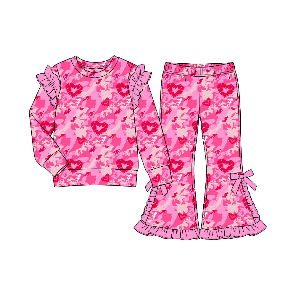 Preorder (moq5) Baby Girls Pink Camo Hearts Shirt Top Bell Bottom Pant Valentines Clothes Set