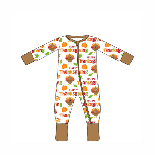 Preorder moq 10 Baby Kids Khaki Turkey Pumpkins Happy Thanksgiving Zipper Pant Rompers