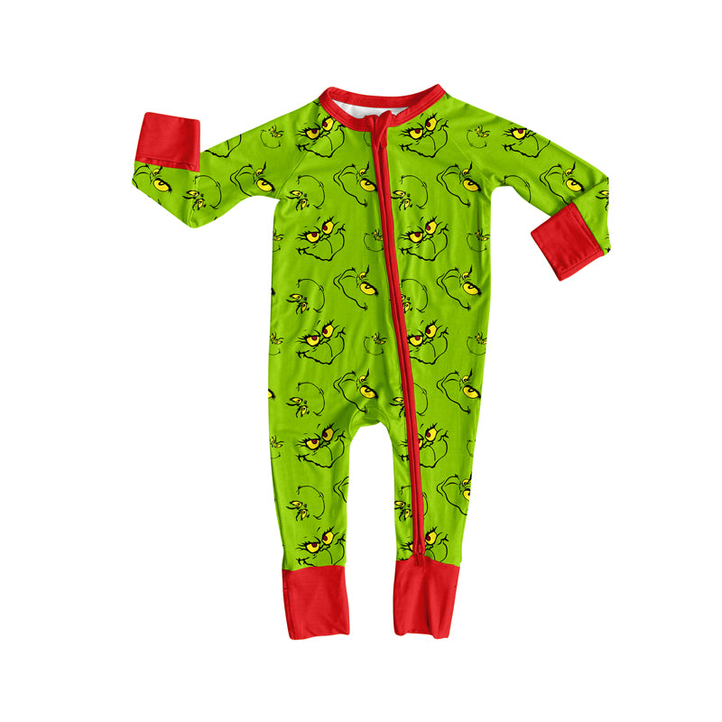 Preorder(moq 5)Baby Infant Boys Green Face Plaid Christmas Zipper Rompers