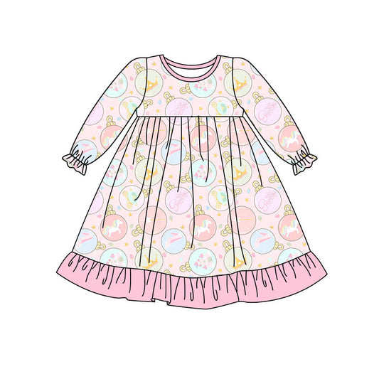 Preorder (moq 5)Baby Girls Cartoon Horses Lights Ruffle Knee Length Dresses