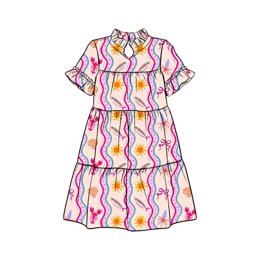 Preorder (moq 5)Baby Girls Crayfishes Fishes Stripe Patchwork Knee Length Dresses