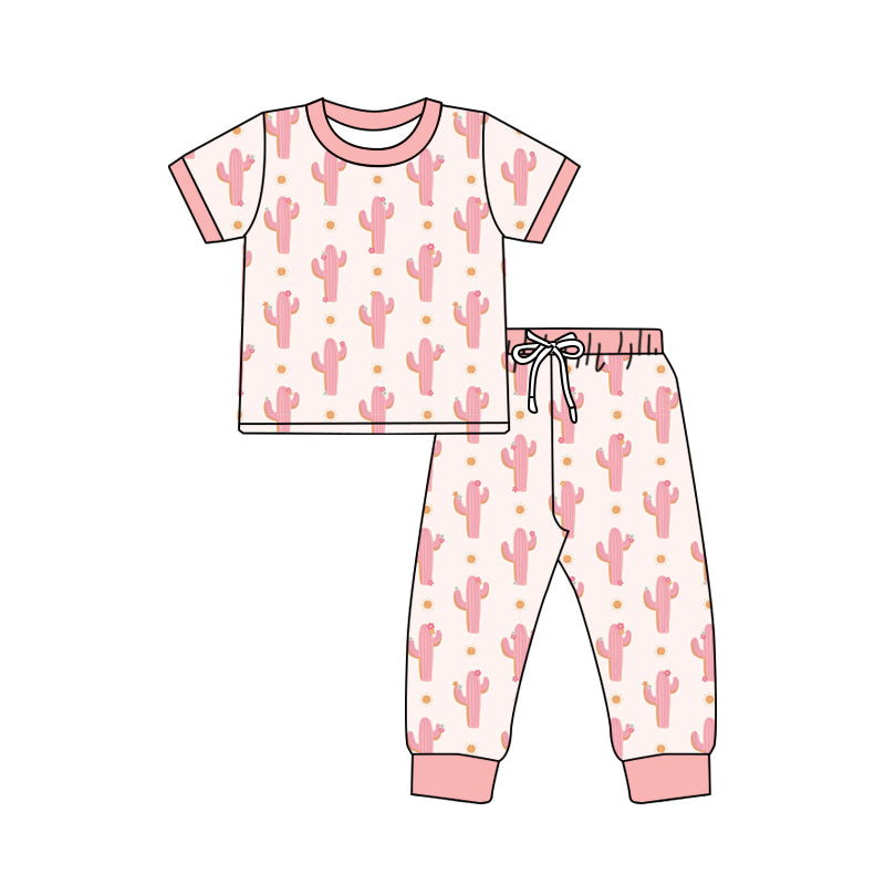 Preorder (moq 5)Baby Girls Short Sleeves Pink Cactus Polka Dots Top Pant Pajamas Set