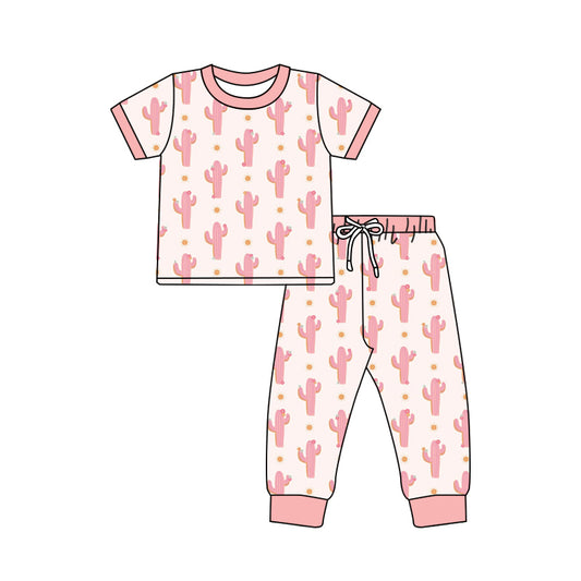 Preorder (moq 5)Baby Girls Short Sleeves Pink Cactus Polka Dots Top Pant Pajamas Set