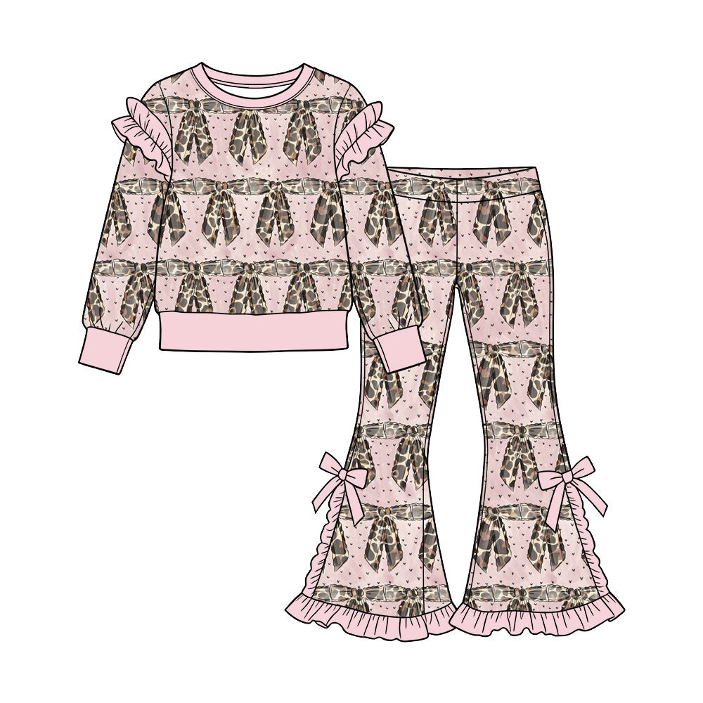 Preorder (moq 5) Baby Girl Clothes Leopard Bow Print Long Sleeve Ruffle Top Bow Ruffle Flare Pants Outfit Set