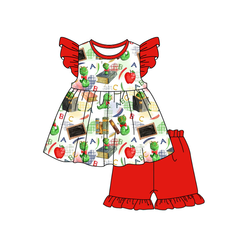 Preorder (moq 5)Baby Girls Red Flutter Sleeves caterpillar Apples Tunic Ruffle Shorts Clothes Sets