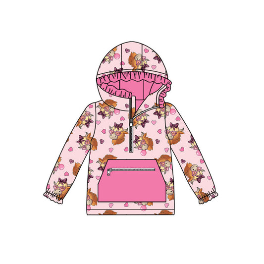 Preorder(moq 8)Baby Girls Hearts Highland Cows Pocket Zipper Ruffle Valentine Hoodies Top