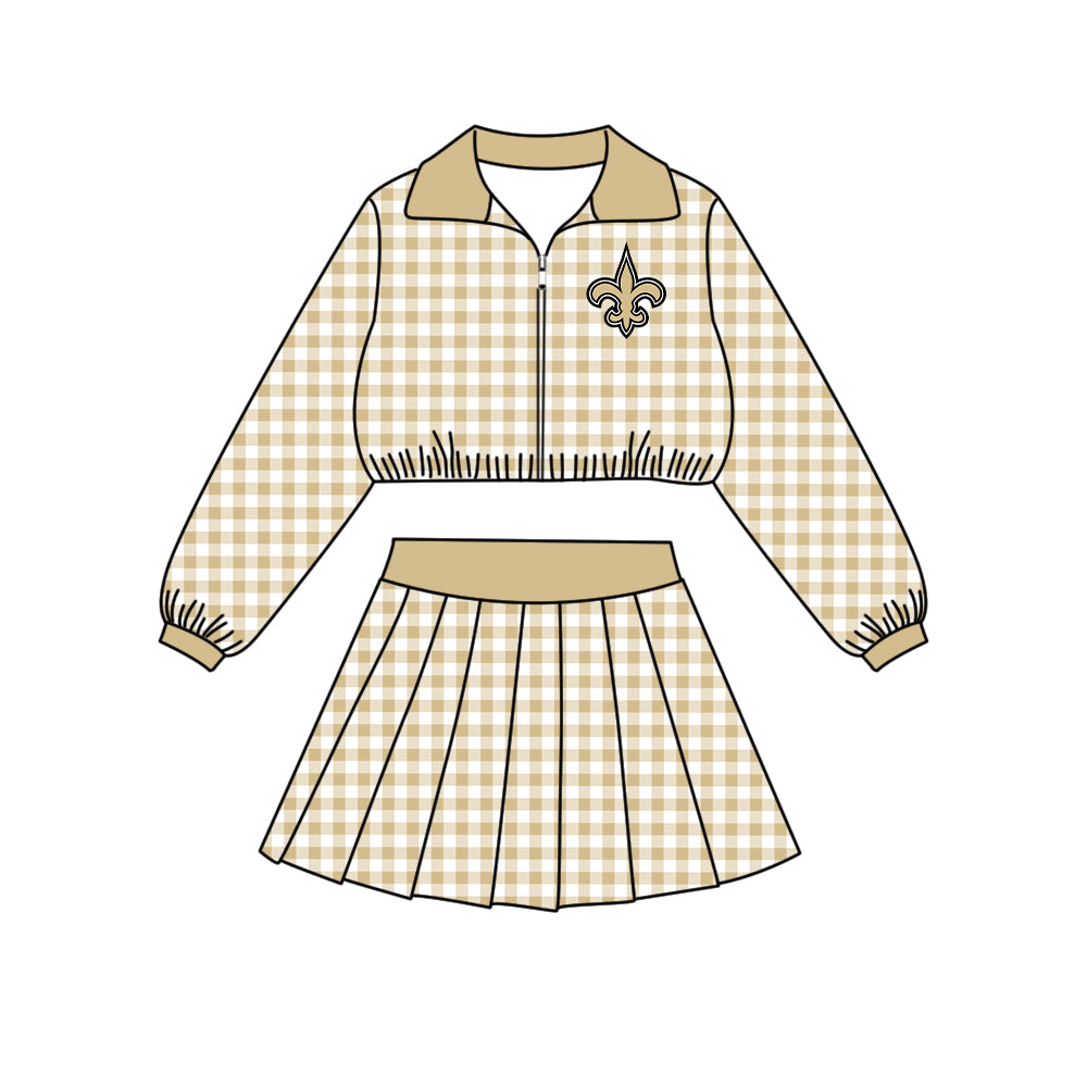 Preorder (moq 5)Baby Girls Black Checked Saints Zip Pullovers Skirt Short Team Clothes Set