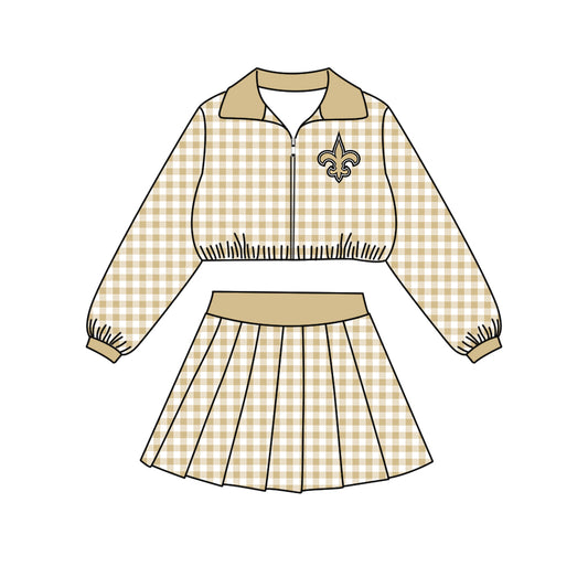 Preorder (moq 5)Baby Girls Black Checked Saints Zip Pullovers Skirt Short Team Clothes Set