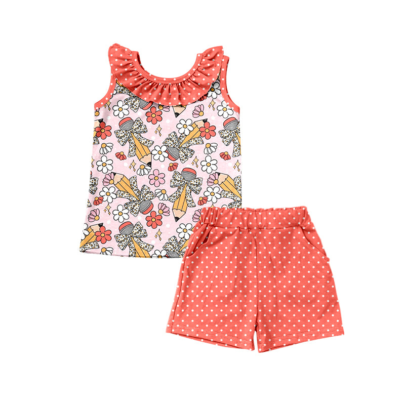 Preorder (moq 5)Baby Girls Back To School Pencils Tops Checkered Shorts Clothes Sets
