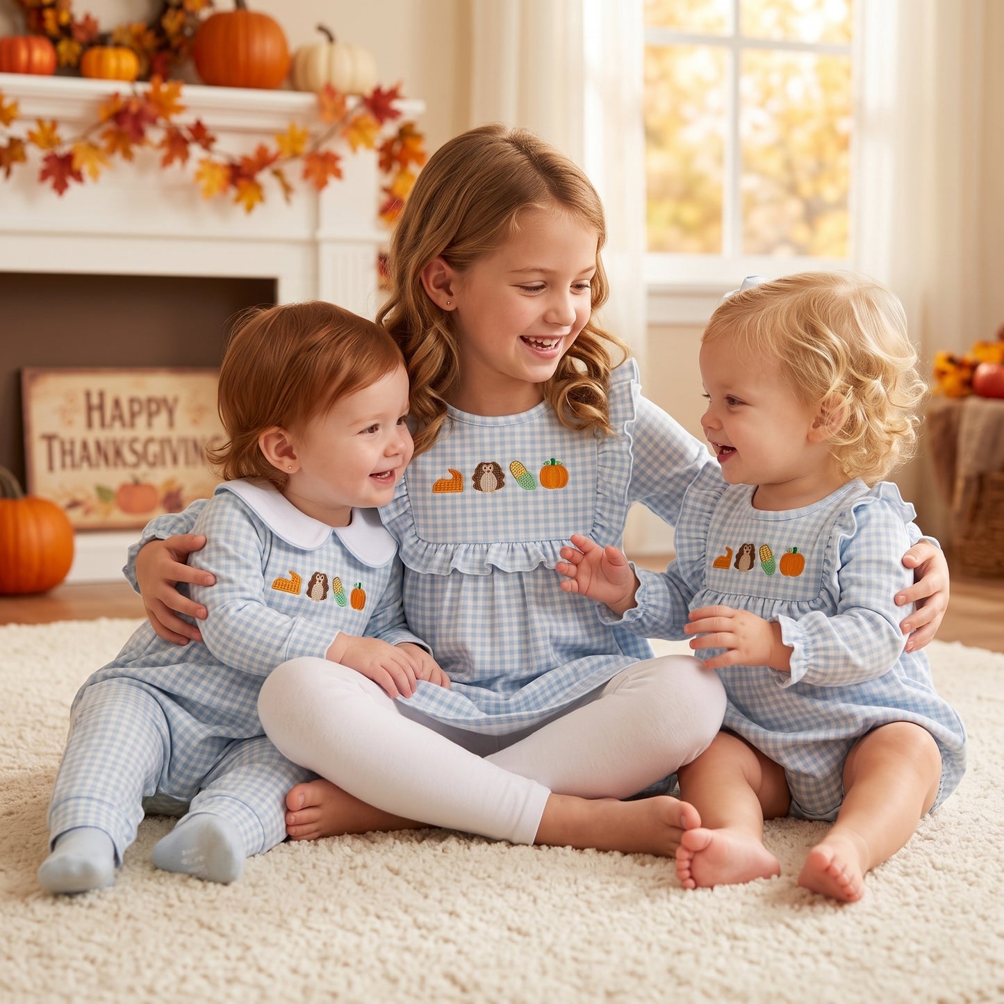 Sibling Baby Girls Embroidery Pumpkins Turkey Checked Tunic Pant Thanksgivings Sets Rompers