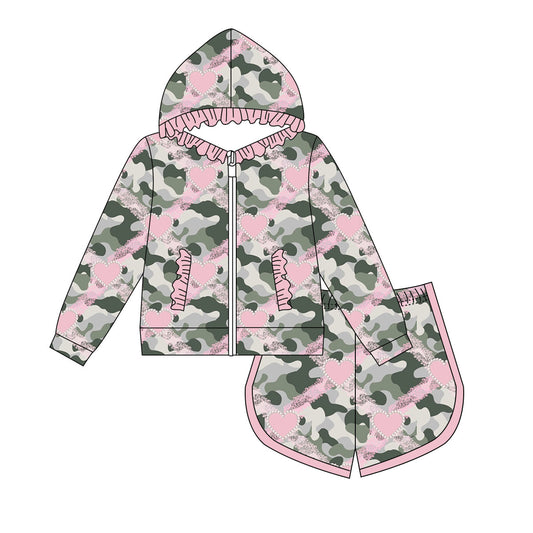 Preorder(moq 8)Baby Girls Olive Camo Hearts Checked Pockets Zip Hoodie Jacket Shorts Clothes Sets