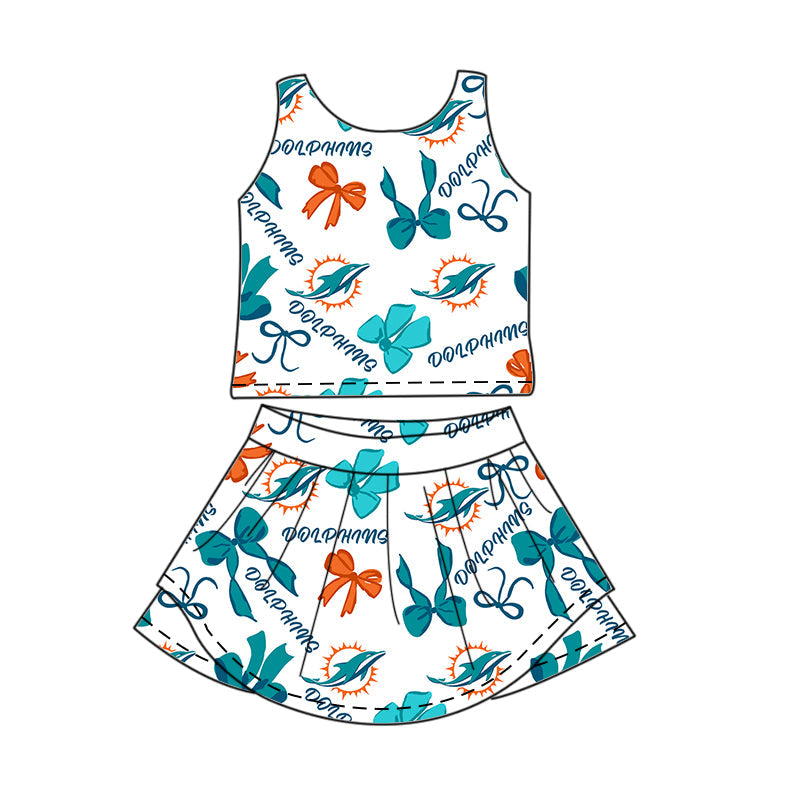 Preorder (moq 5)Baby Girls Sleeveless Bow Miami Dolphins Top Skirt Short Team Clothes Set