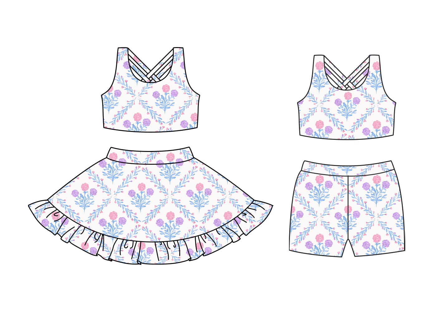 Preorder moq 5 Custom Baby Girls Sleeveless Flowers Plaid Top Ruffle Skirts Set Biking Sets