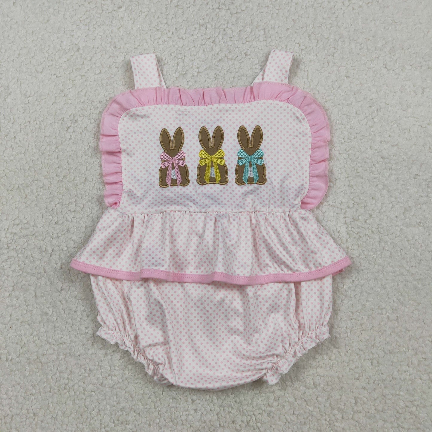 Embroidery Rabbits Baby Girls Strap Polka Dots Easter Ruffle Rompers