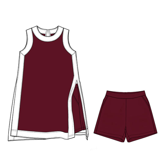 Preorder (moq 5)Adult Women Sleeveless White Maroon Split Skirt Pockets Short Clothes Sets