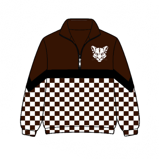 Preorder (moq 5)Baby Boys Brown Black Checked Long Sleeve WSU Zip Team Pullovers Top
