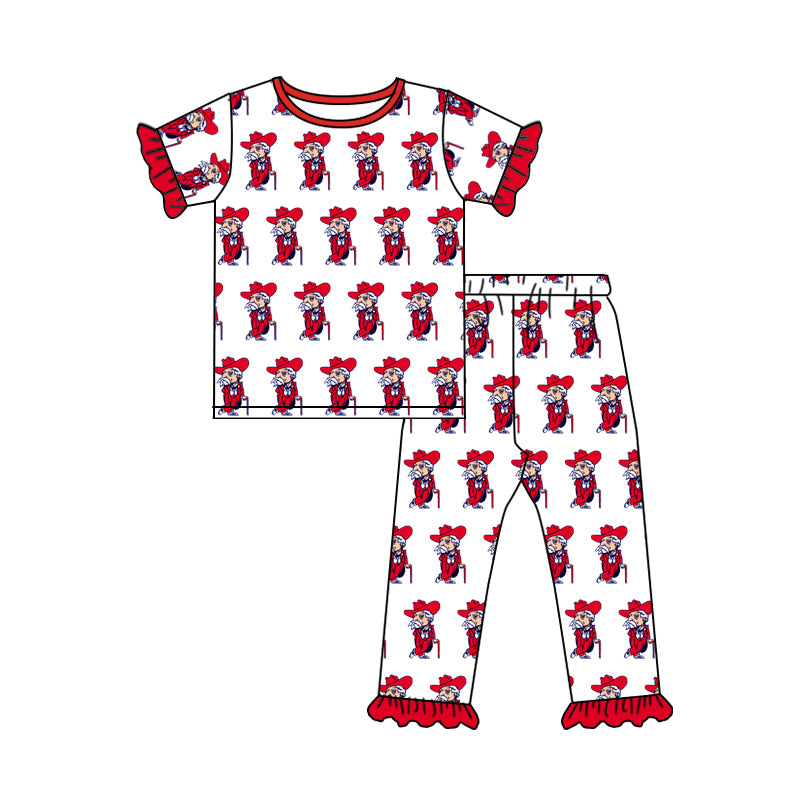 Baby Girls Rebe Team Ruffle Short Sleeve Shirt Red Pants Pajamas Clothing Sets Preorder(moq 5)