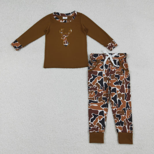 Embroidery Camo Deer Baby Boys Brown Top Pockets Leggings Clothes Set
