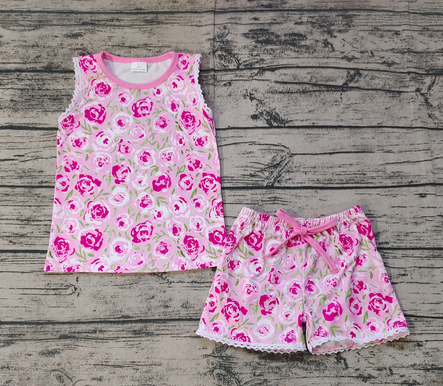 Baby Toddler Girls Sleeveless Pink Flowers Tee Top Shorts Pajamas Clothes Sets