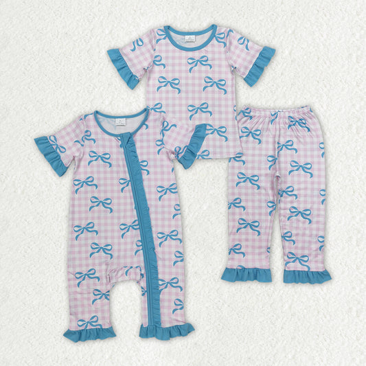 Sibling Baby Girls Pink Checkered Bows Rompers Pajamas Sets