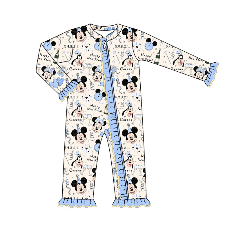 Baby Infant Girls Happy New Year Mouse Blue Zip Rompers preorder(moq 5)