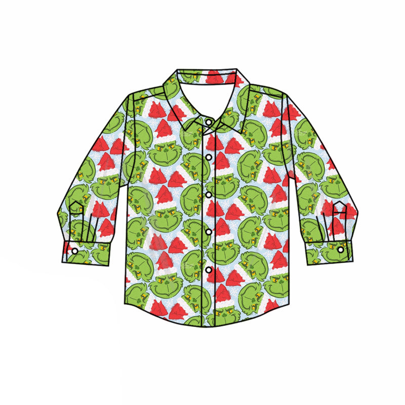 Preorder(moq 5) Baby Boys Green Face Plaid Button Christmas Shirts Top